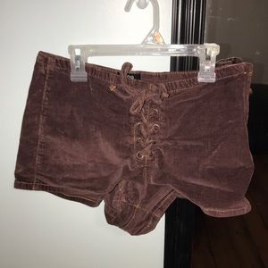 Lace up, burgundy, corduroy shorts
